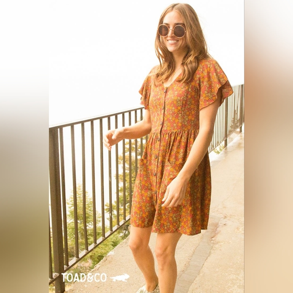 Toad&Co Orange Geo Motif Hillrose Button-Up Dress